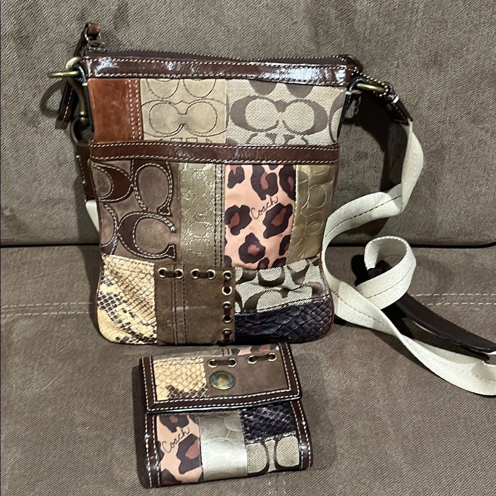 Coach Brown Patchwork Crossbody Bag and Wallet Set